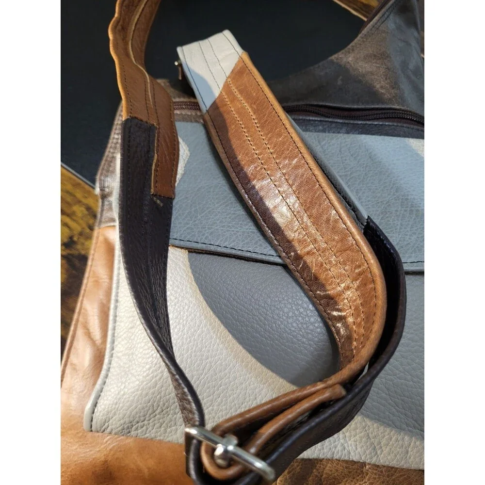 Vintag Asymmetrical Earth Tone Colorblock Distressed Patchwork Leather Crossbody